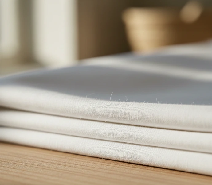 Close-up of high-thread-count white cotton bedsheets for luxury hotels.