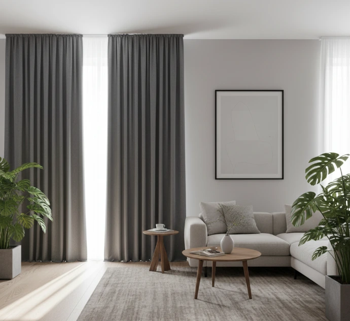 Floor-to-ceiling grey blackout curtains in a modern interior setting