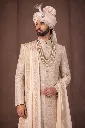 Men’s Ivory Jacquard Embroidered Wedding Sherwani Set with Dupatta & Churidar 3.webp