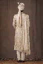 Men’s Ivory Jacquard Embroidered Wedding Sherwani Set with Dupatta & Churidar 7.webp