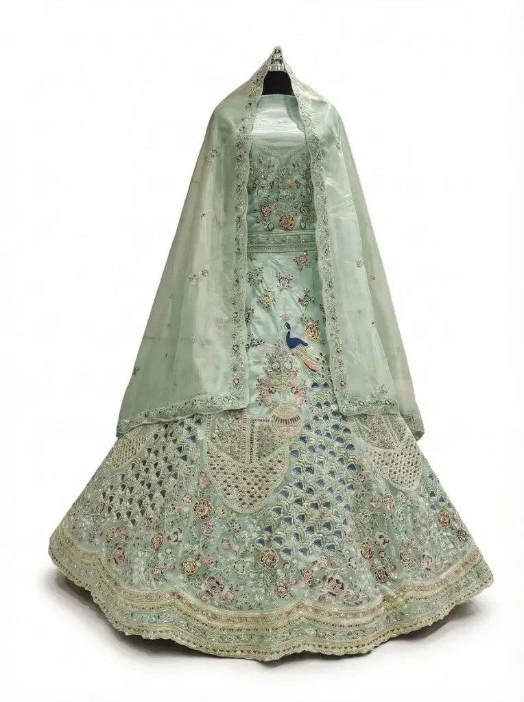 Mint Green Heavy Embroidered Bridal Lehenga with Peacock Motif | Zari, Sequins & Thread Work | Net Dupatta Set