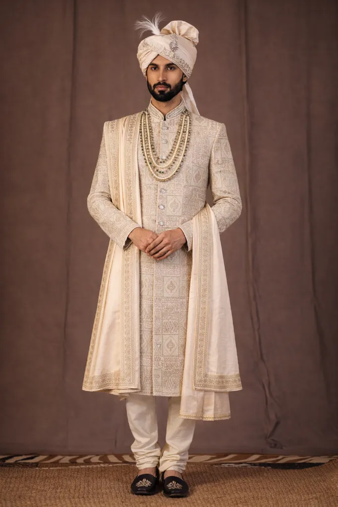 Men’s Ivory Jacquard Embroidered Wedding Sherwani Set with Dupatta & Churidar