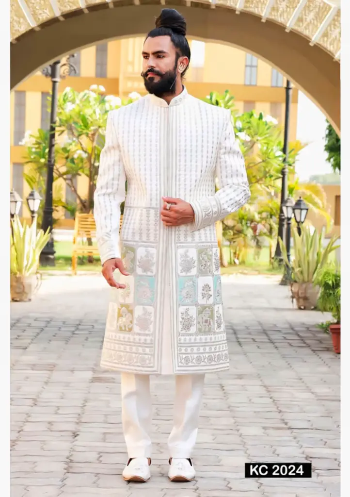 Off white Embroidered silk sherwani