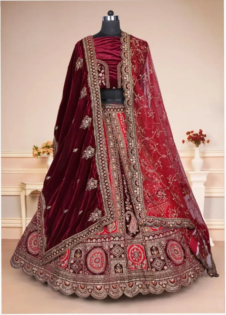 Maroon Velvet Heavy Bridal Lehenga Set with Zardozi, Stone & Sequins Embroidery – Designer Blouse & Dual Dupatta Look (Zardozi)