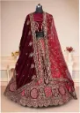 Maroon Velvet Heavy Bridal Lehenga Set with Zardozi, Stone & Sequins Embroidery – Designer Blouse & Dual Dupatta Look
